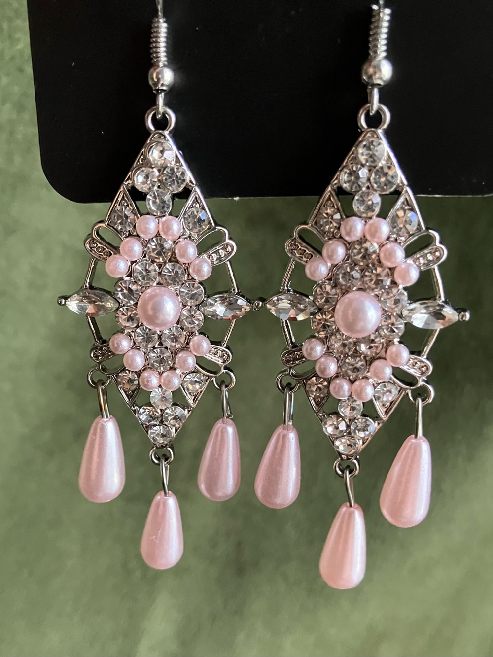 💖Soft pink pearl and crystal rhinestone chandelier earrings